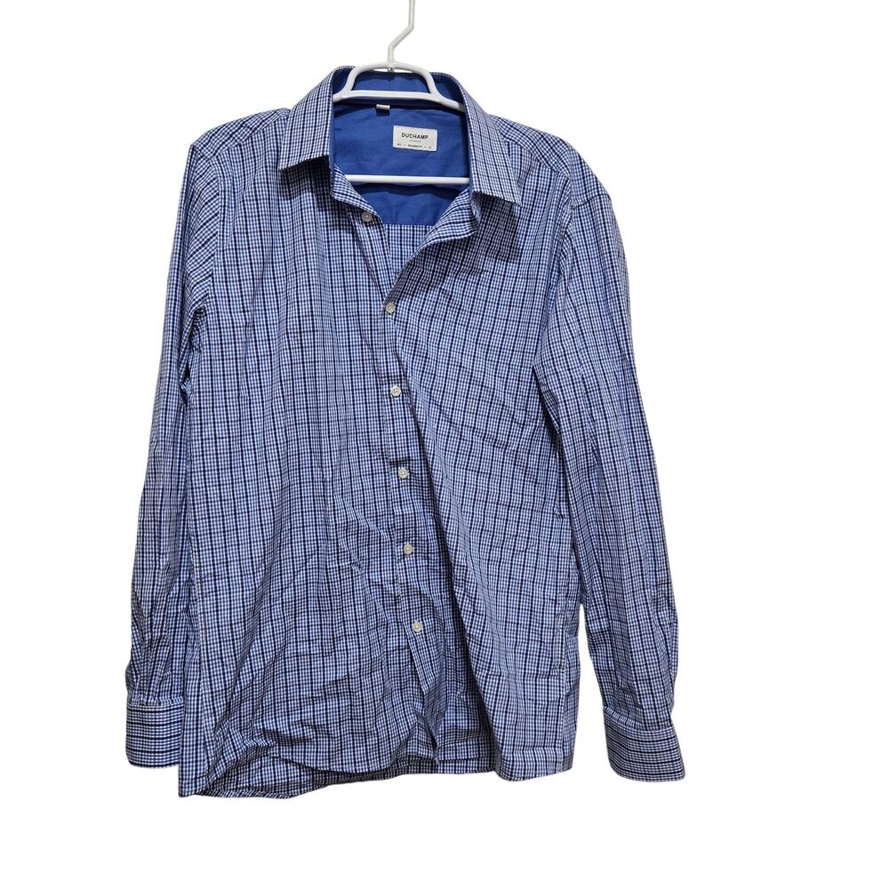 Duchamp London Mens L Blue Check Tailored Fit Stretch Dress Shirt